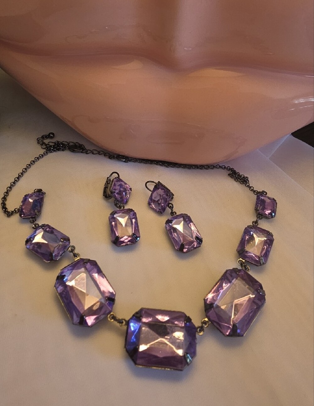 Avon Lilac Faceted Emerald Cut Crystal Necklace and Earrings Set-Gunmetal Tone-